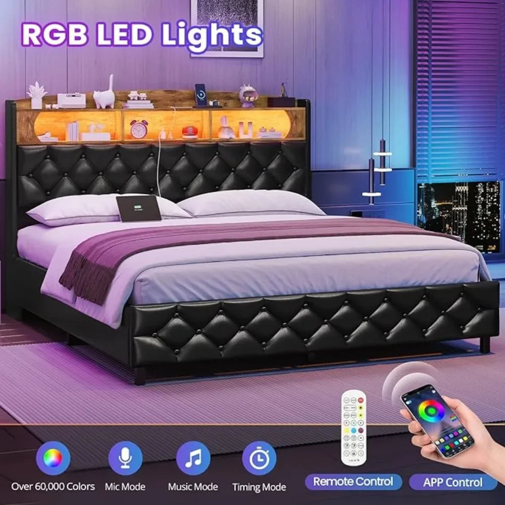 Lift Up Storage Bed Frame, Queen Platform Bed with Storage,LED Lights,Charging Station, Upholstered Storage Headboard,Bed Bases
