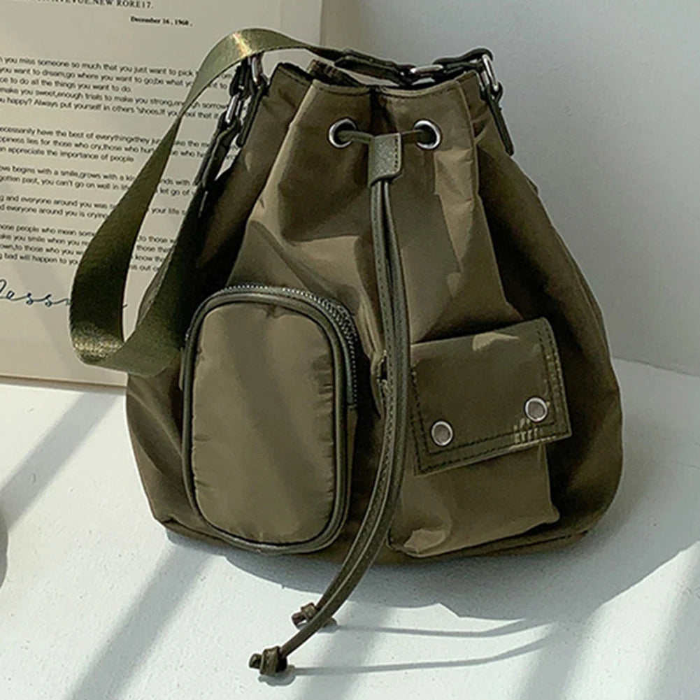Women Crossbody Bag Drawstring Nylon Ladies Bucket Bag Fashion Temperament Large Capacity Wear-resistant Travel Shoulder Bags