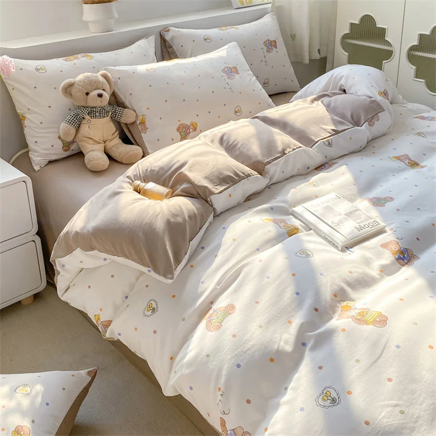 Korean Retro Floral Bedding Set 100% Washed Cotton Bed Sheets Set Soft Duvet Cover Bed Linen Pillowcase Single Double Queen King