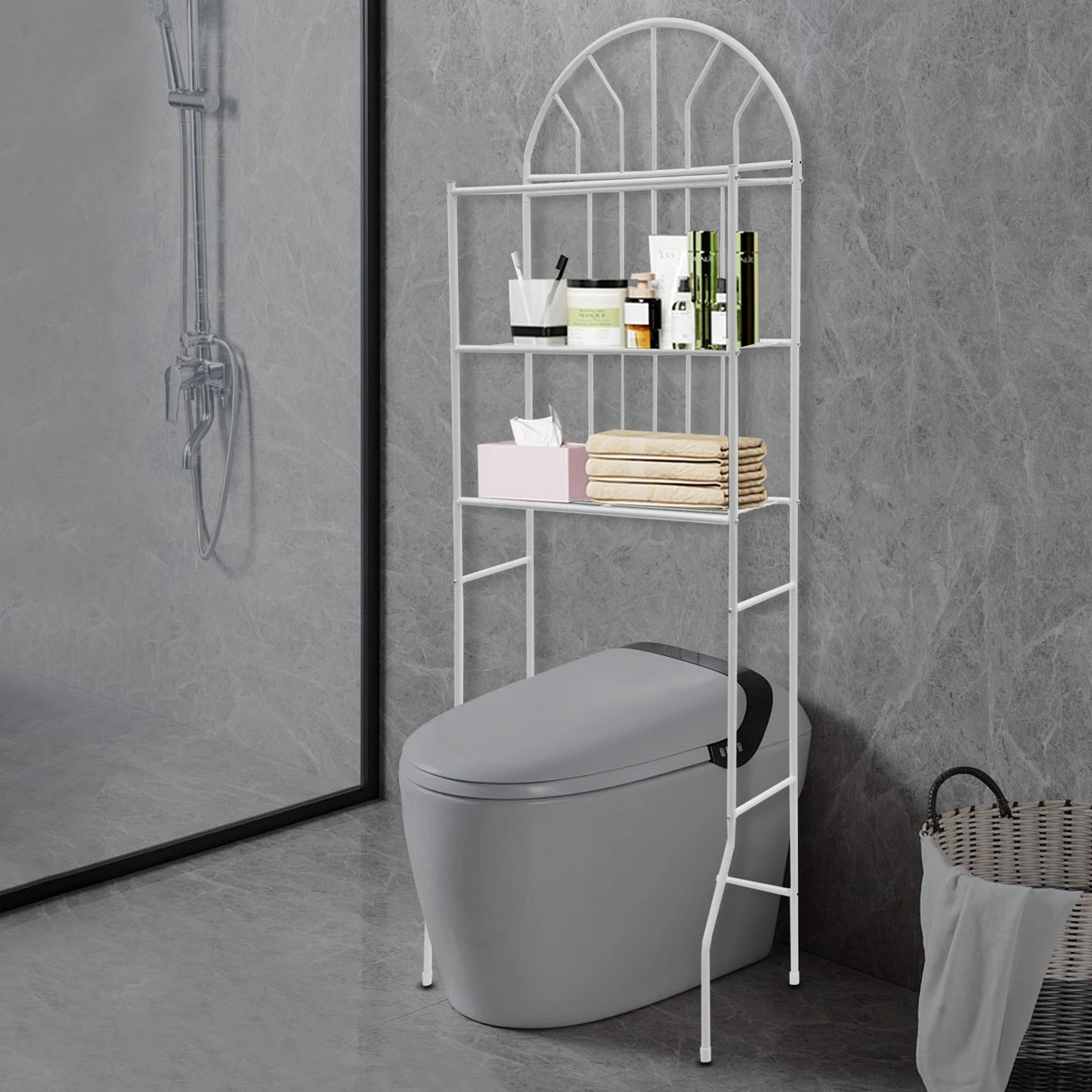 Bymaocar Modern White Three-layer Toilet Storage Rack Floor Standing W/ Non-slip Bottom For Bathrooms Balconies, Entrance Halls