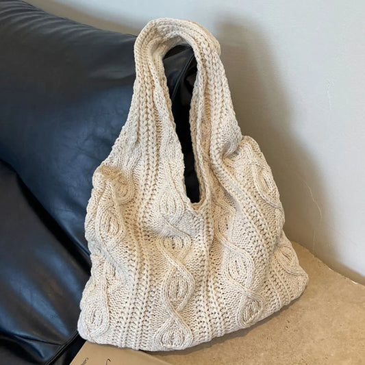 Wool Knitted Shoulder Shopping Bag for Women Vintage Cotton Cloth Girls Tote Shopper Bag Large Female Handbag Crochet Bag