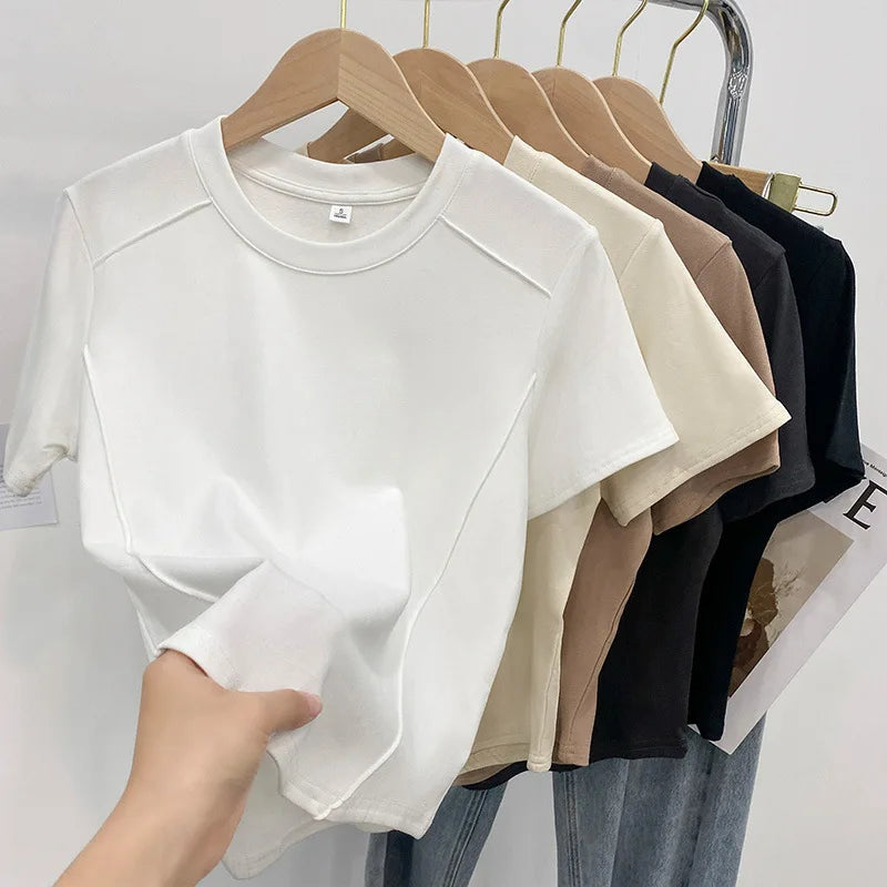 Solid color round Tops neck short sleeved slim fit T-shirt for women 2025 summer new western-style short shoulder shirt T-Shirt