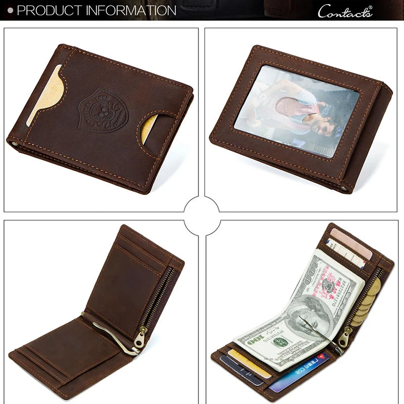 CONTACT'S men RFID Genuine Leather Card Wallet Slim Bifold  Money Clip Mini Purse Women Men Money Coin bag card holder pocket