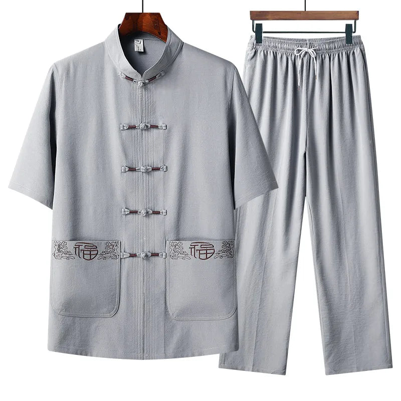 Chinese style Shirts + Pants summer 100% Cotton linen Sportswear Men's Casual Sets spring Male Fashion Chinese style trousers