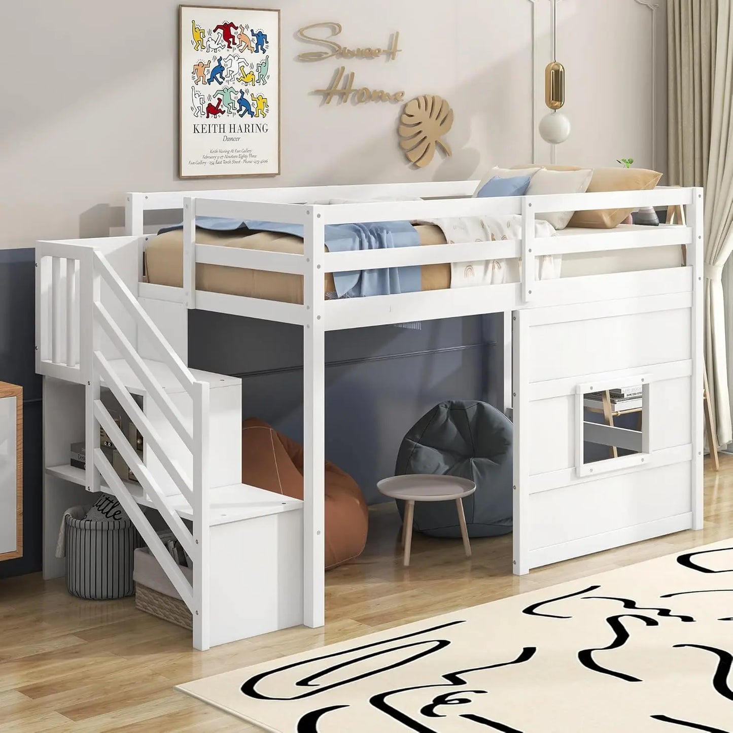 Loft Bed with Stairs Designs Low, 94.8"L x 41.8"W x 50.6"H Twin Bed Frame for with Storage, Low Loft Bed with Storage Staircase
