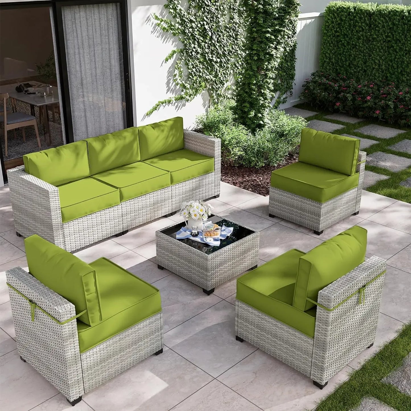 8-Piece Patio Furniture Set With Fire Pit Table, Seat Cushions Light Grey Outdoor Modular Wicker Conversation Set