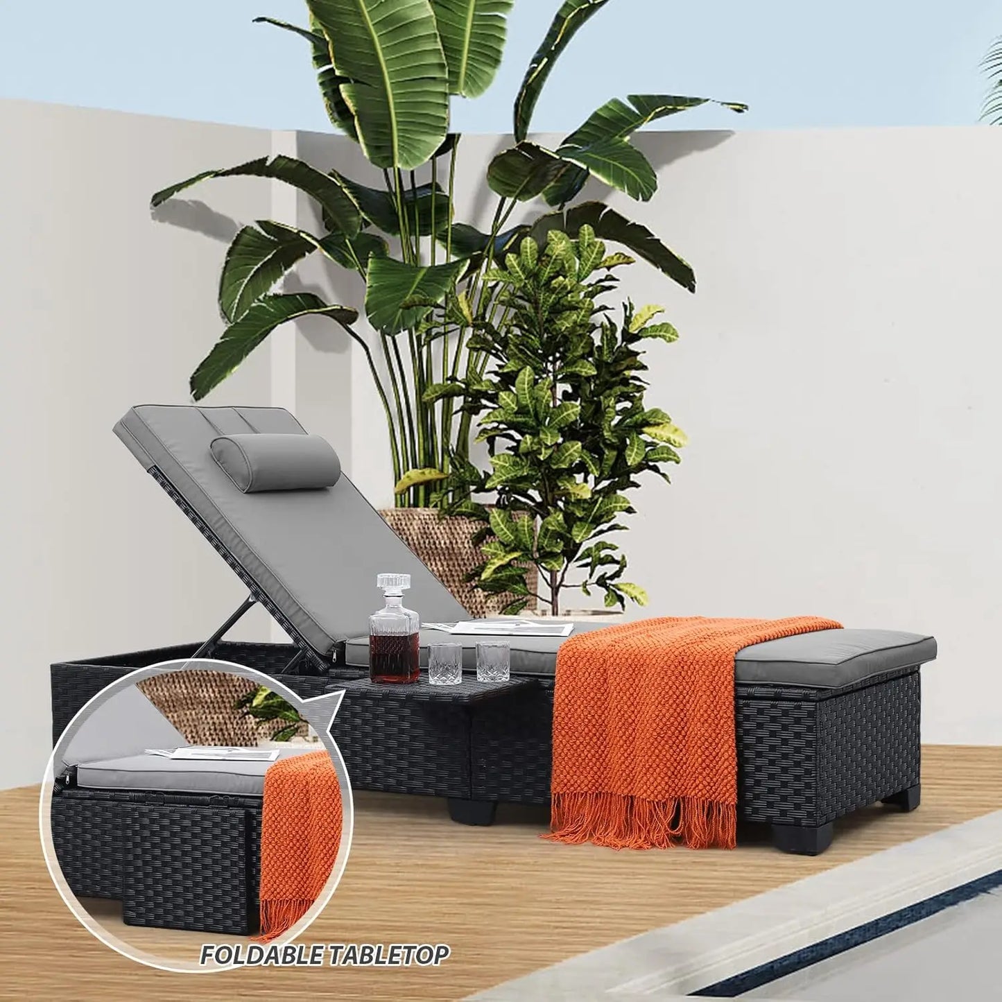 Outdoor Chaise Lounge Chairs for Outside Patio Furniture Set of 2 Black Rattan Pool Reclining Chair Grey Cushion