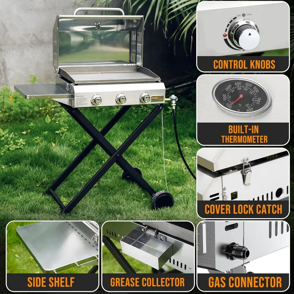 Foldable Cart & Side Table, Stainless Steel Flat Top Gas Grill Griddle Stove with Lid, for Outdoor Cooking Patio Backyard