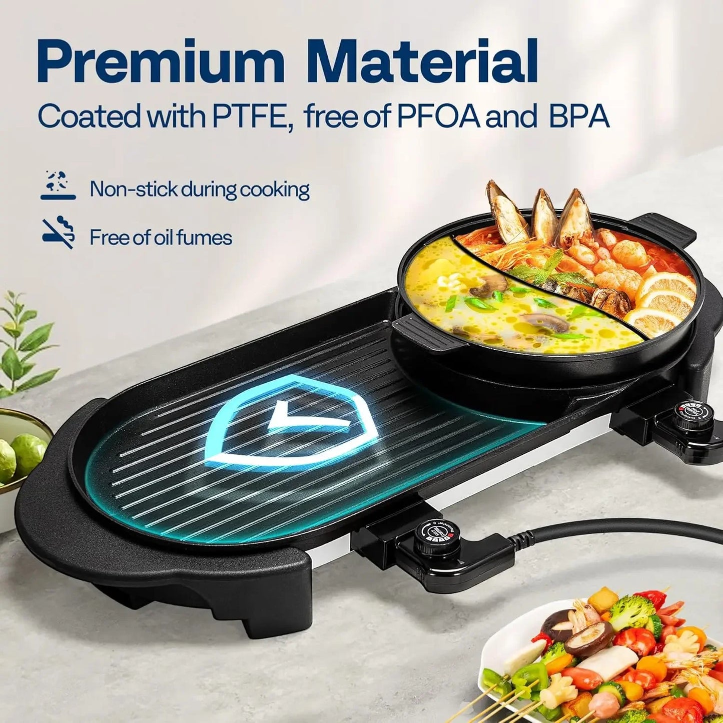 2000W Electric Hot Pot with Grill, Removable Shabu-shabu Pot w/Non-stick Baking Pan, Separate Temperature Control 2-IN-1 Hotpot