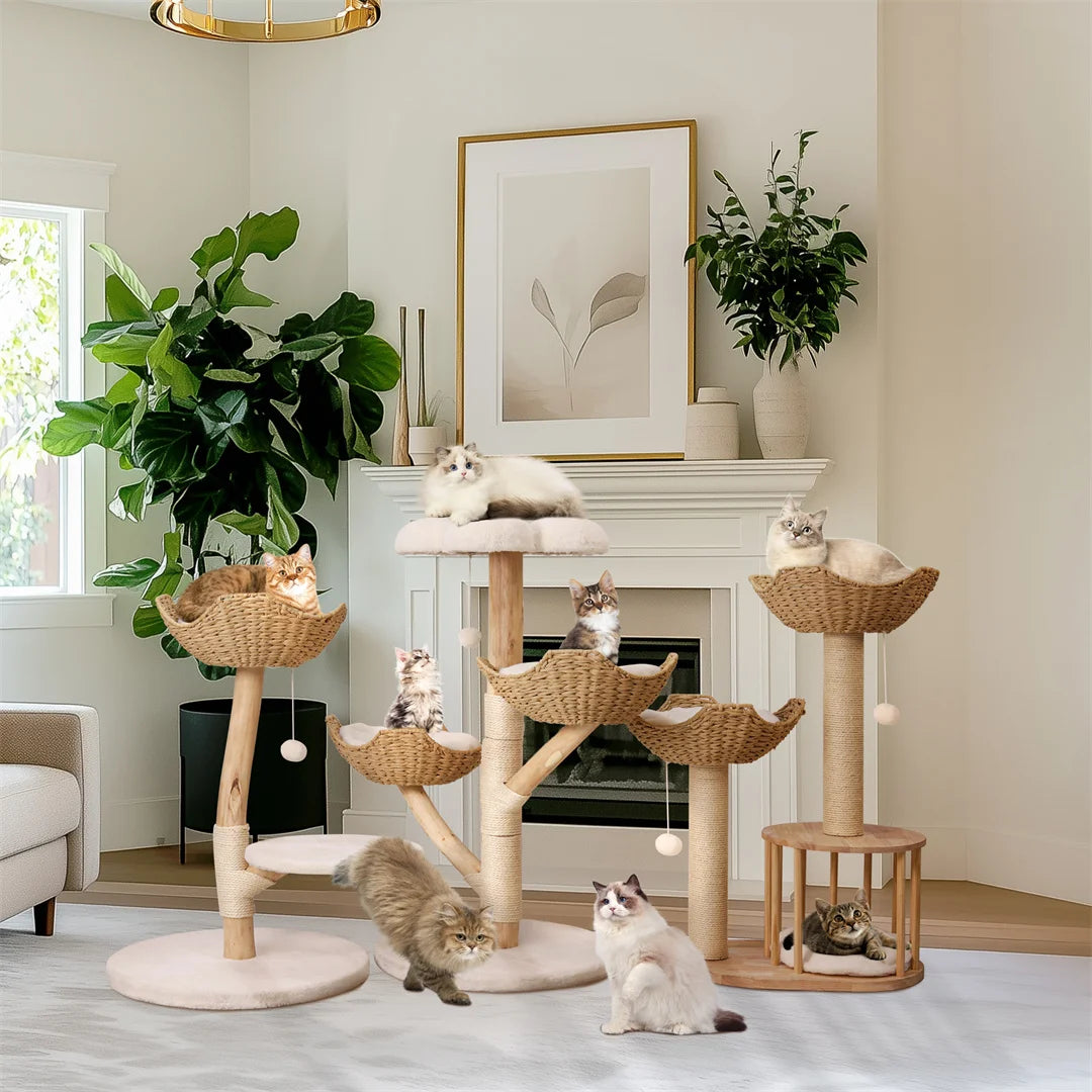 Modern Solid Wood Cat Tree Kitten Scratching Tree Activity Tower Center with Rest Dangling Toy Ball Sisal Scratching Post