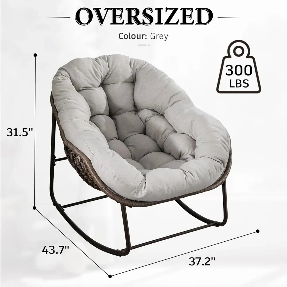 Oversized Rocking Papasan Chair with Thick Cushion and Frame Outdoor Rocker, Comfy Wicker Egg Chairs Lounge for Backyard Balcony
