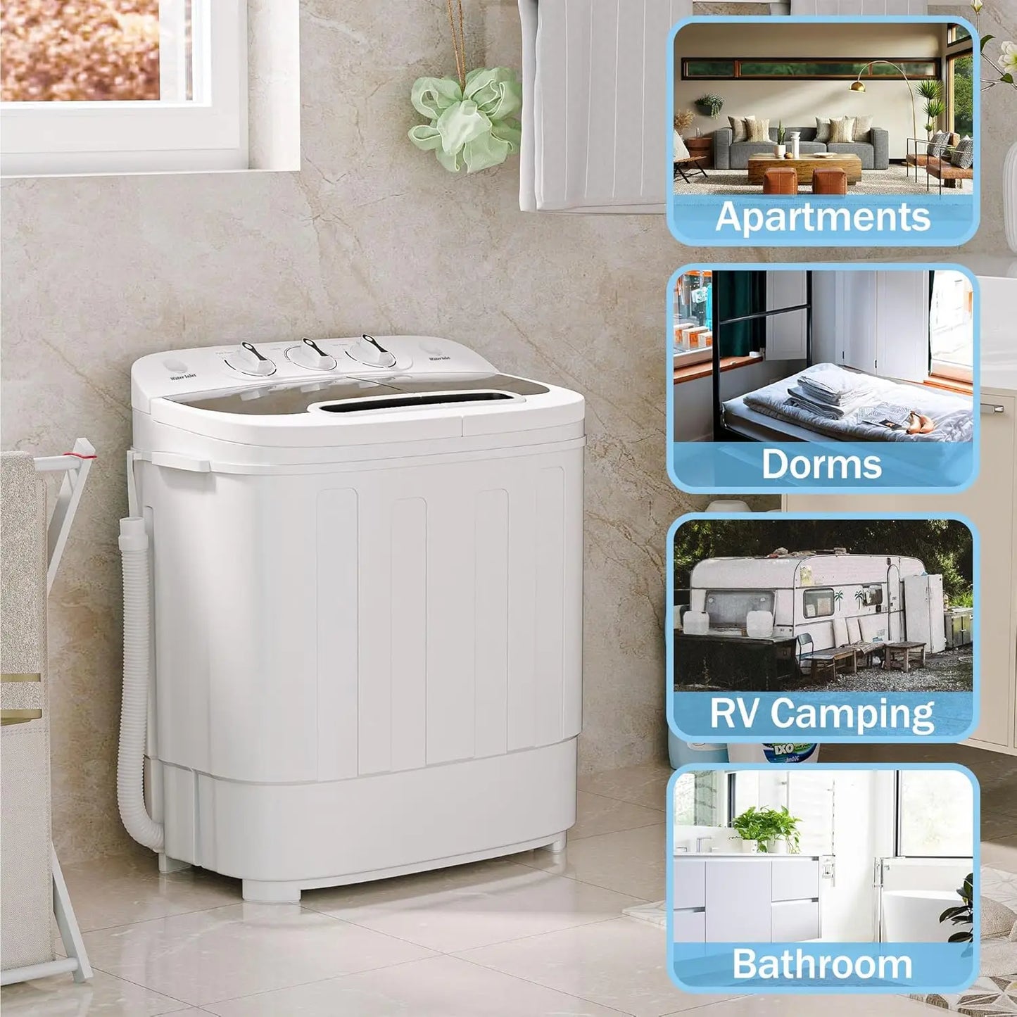 Compact Mini Twin Tub Washing Machine 13lbs Capacity Portable Washer Wash and Spin Cycle Combo,Built-in Gravity Drain