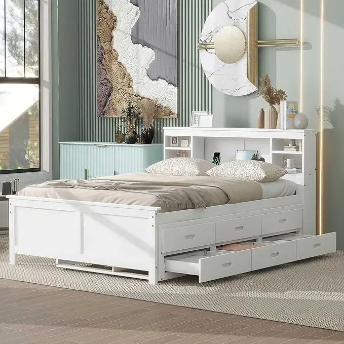 Full Storage Bed With Bookcase Headboard Wood Platform Bed Frames for Kids Teens Adults - White Bedroom Furniture Queen Frame
