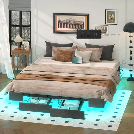 Floating Bed Frame with Storage Drawers & LED Lights, Upholstered Platform Metal Bed Frame with Charging Station, Easy Assembly