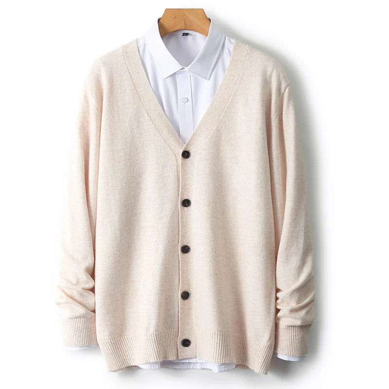 Men's V-Neck Sweater In Autumn And Winter 100% Long Sleeve Warm Knit Cardigan Loose Outer Wear Business Casual Coat Sweater.