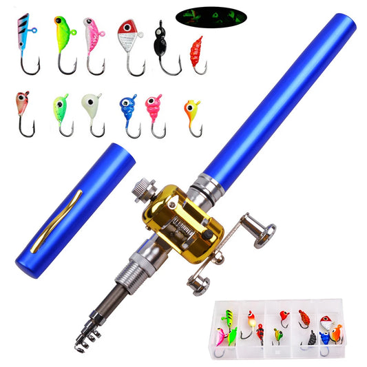 Mini ice fishing rod Combo with 12Pcs Ice jig fishing lures Portable Pocket Ice Fishing Pole Telescopic Fishing Rod and Reel