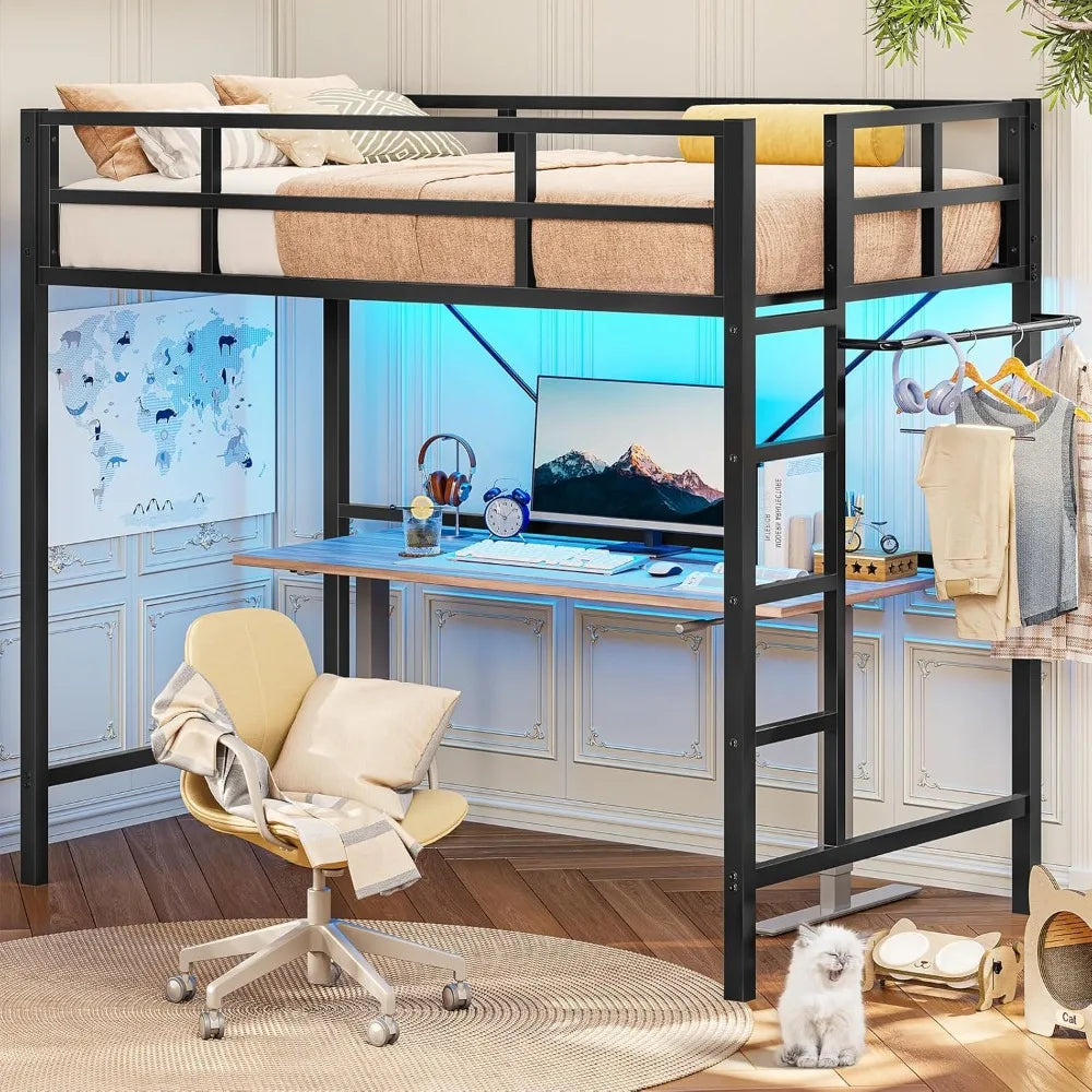 Twin Loft Bed with LED Lights, Metal Loft Bed Twin Size with Full-Length Guardrail &Clothes Rack,Heavy Duty Metal Loft Bed Frame