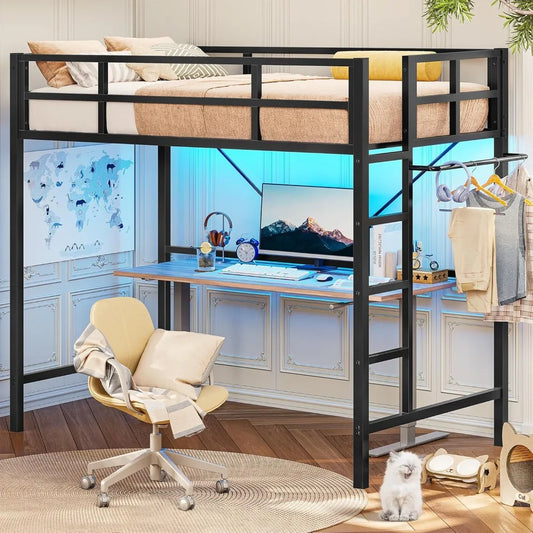 Twin Loft Bed with LED Lights, Metal Loft Bed Twin Size with Full-Length Guardrail &Clothes Rack,Heavy Duty Metal Loft Bed Frame