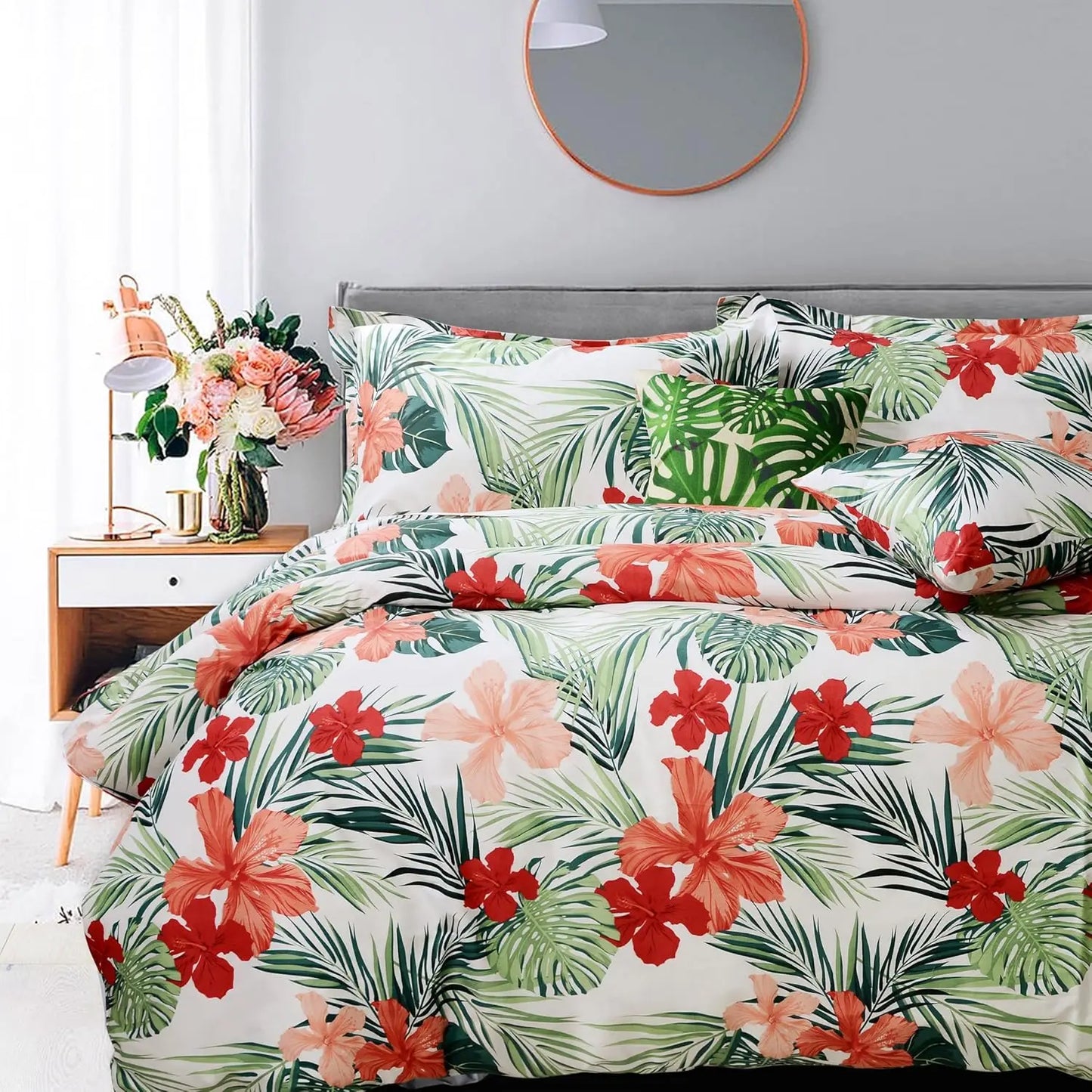 Floral Duvet Cover Queen 100% Cotton Blue Green Farmhouse Bedding Super Soft Reversible Striped Country Bed Purple Hydrangea
