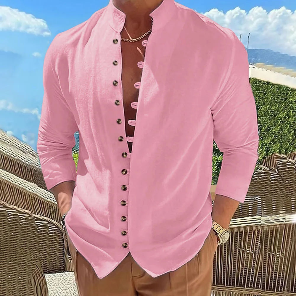 Spring and autumn men's fashion retro cotton and linen casual shirt trend new multi-button solid color stand collar long sleeve