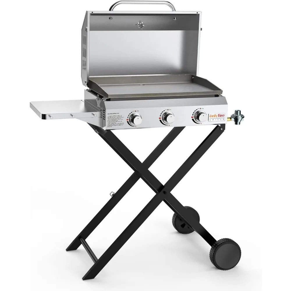 Foldable Cart & Side Table, Stainless Steel Flat Top Gas Grill Griddle Stove with Lid, for Outdoor Cooking Patio Backyard