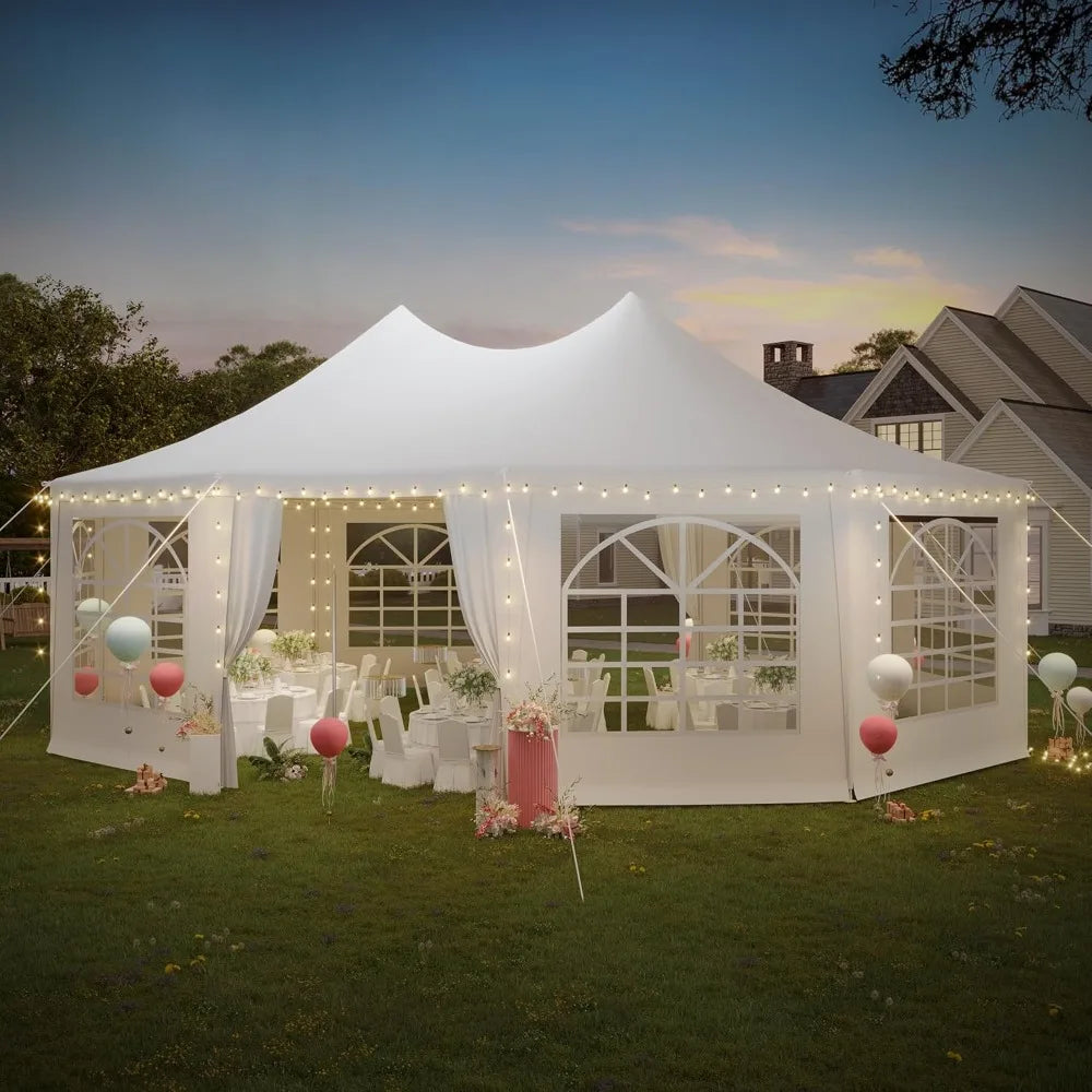 Party Tent, White Wedding Tent, Decagonal Heavy Duty Canopy with 8 Removable Sidewalls, 8 Church Windows and 2 Pull-Back Doors