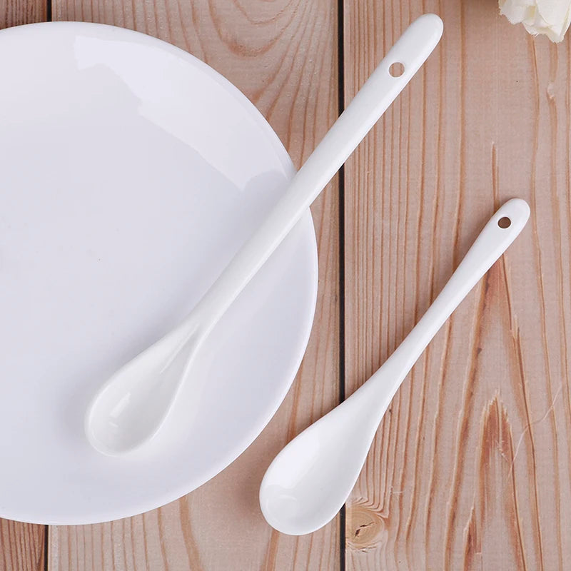 1 pc Ceramic Spoons Long-short white Porcelain Coffee Soup sugar Tea Dessert Cutlery