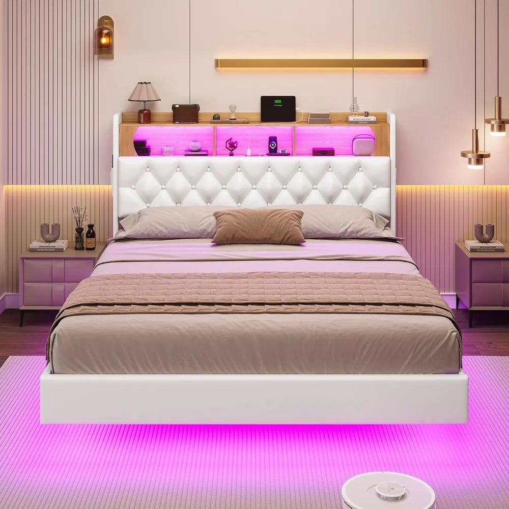 Full Bed Frame with LED Lights & Storage Headboard, Floating Platform Bed with Charging Station, Modern LED Floating Bed