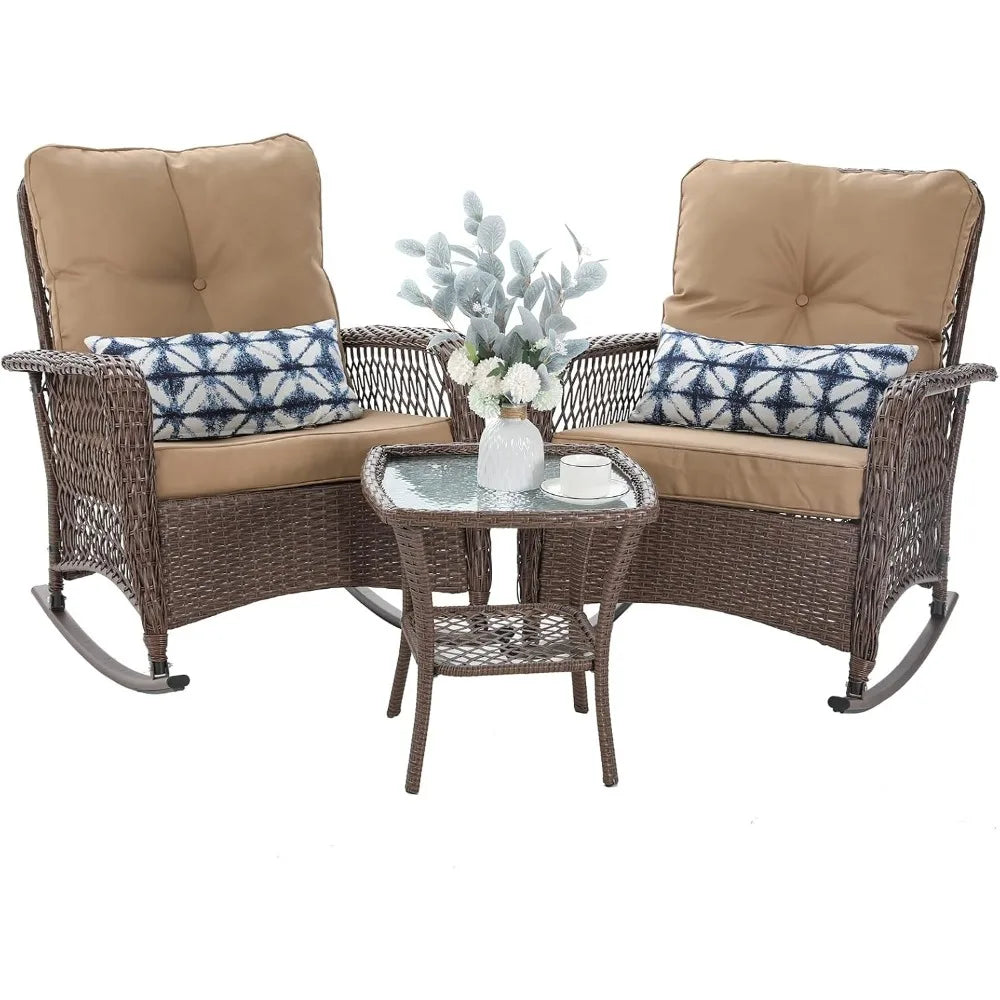 Patio Furniture Set 3 Pieces, Wicker Rocking Set with Thick Cushions, Outdoor Rocker Chairs and Coffee Table for Porch, Backyard