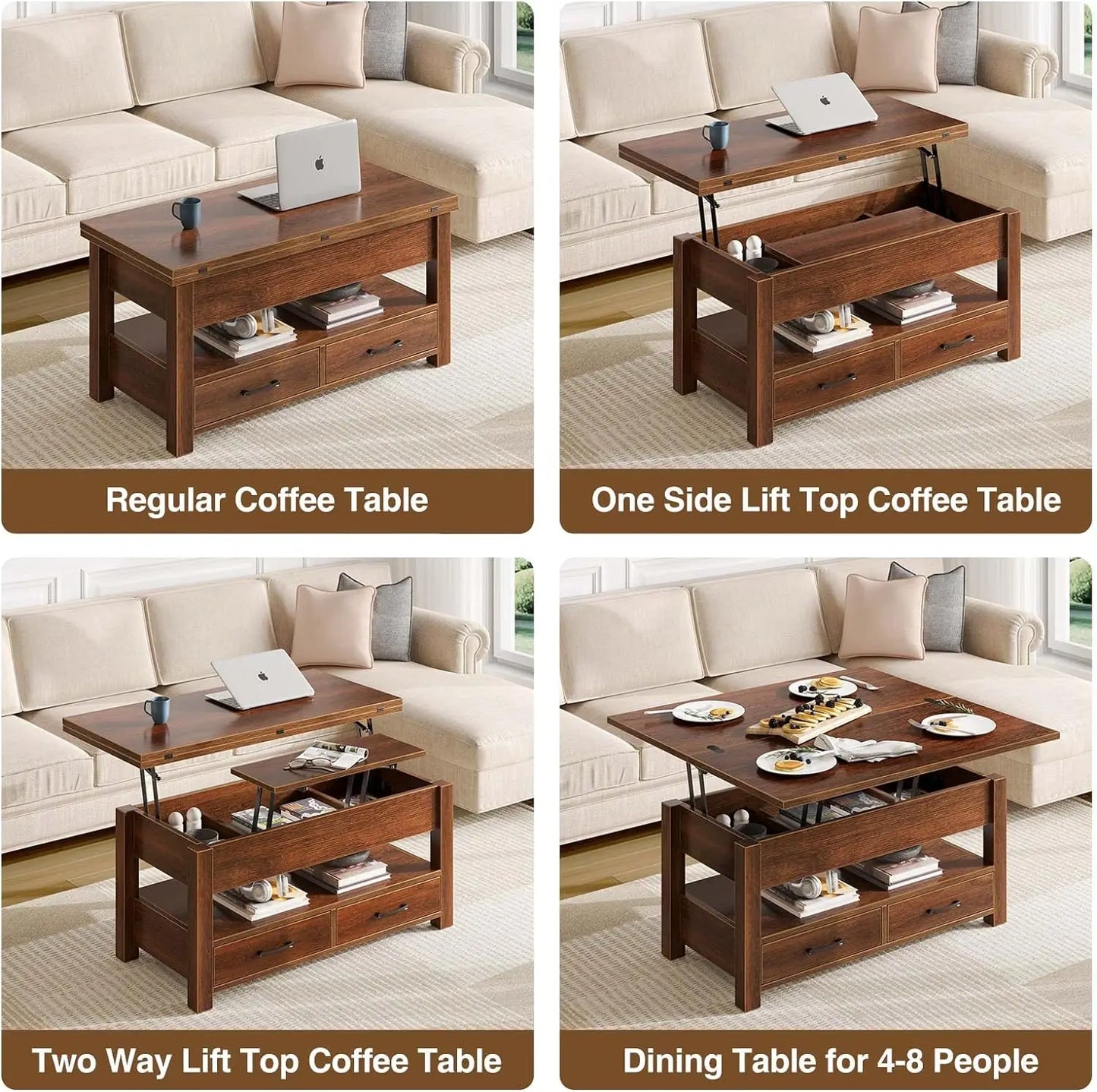 Coffee Table Lift Top, Multi-Function Convertible Coffee Table with Drawers and Hidden Compartment, Coffee Table Converts to Din