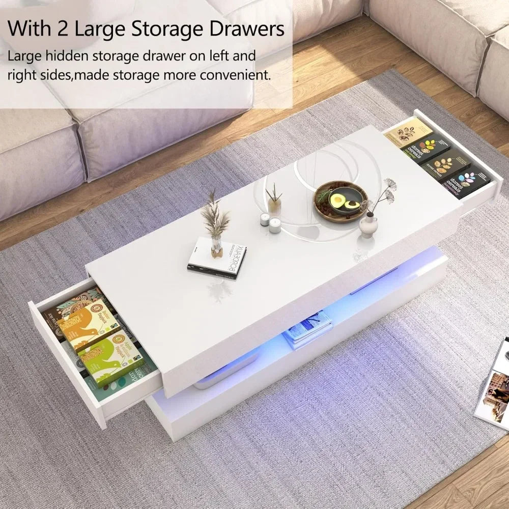 47.3IN High Glossy LED Coffee Table,APP LED Lights,Black/White, Modern Furniture for Living Room