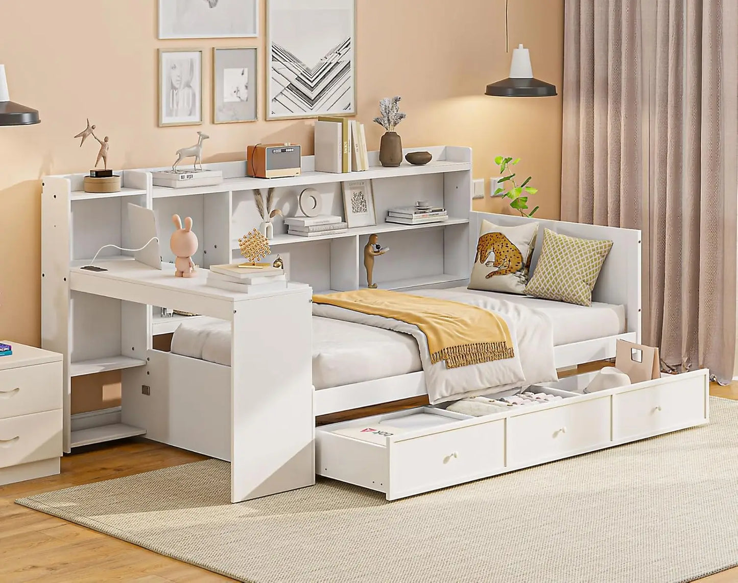 Full Size Corner Bed Frames with Desk and 3 Storage Drawers USB Port Shelves Headboard, Pinewood U-Shaped Captain Daybed