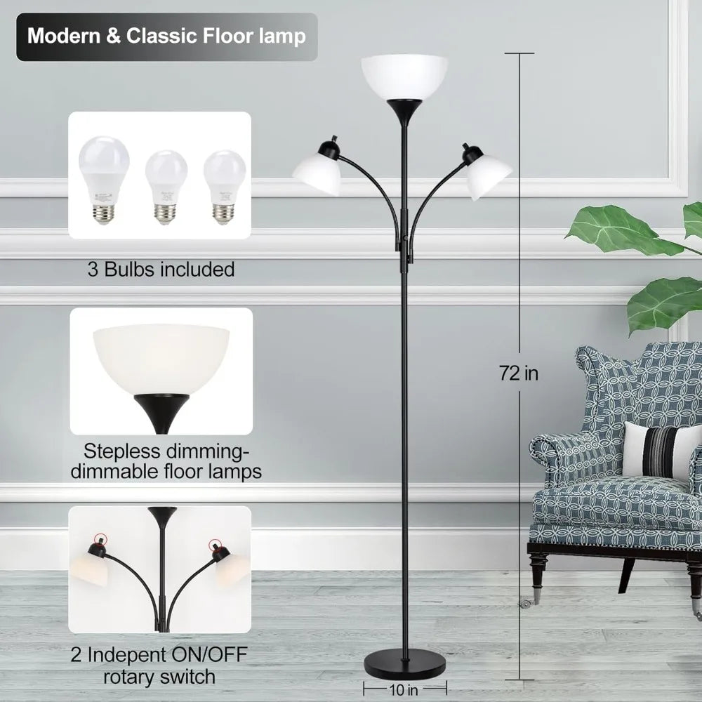 RIGLG Floor Lamps for Living Room,Standing Lamp with Stepless Dimming, 3 Lights Adjustable Reading Lights, Morden Tall Lamps