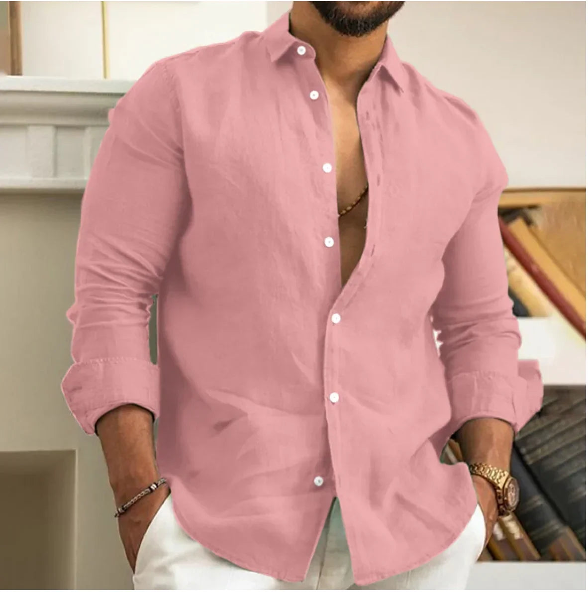 Men's Summer Beach Shirt Linen Button Up Long Sleeve Plain Lapel Spring & Summer Casual Daily Clothing