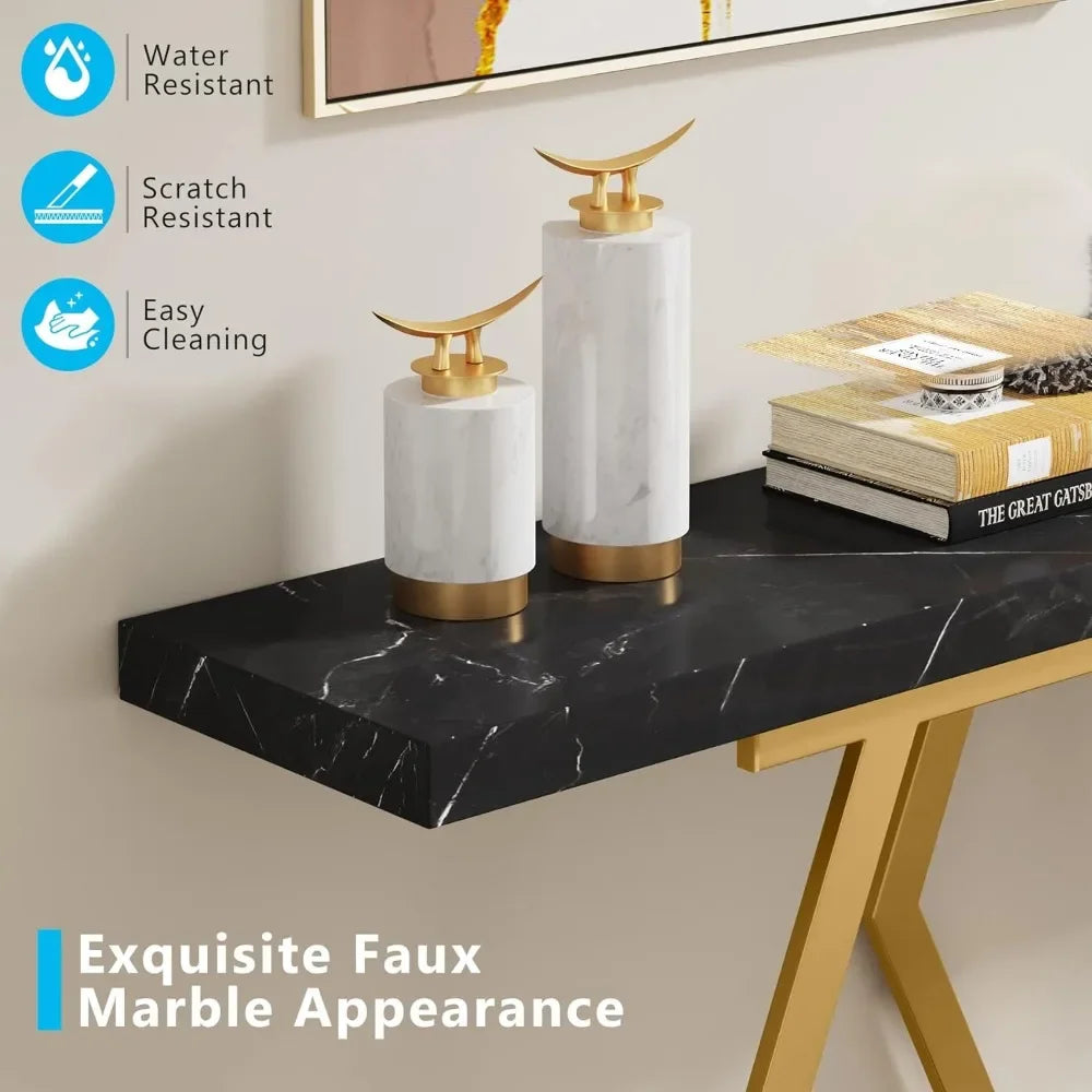 70.9 Inch Extra Long Sofa TableBlack and Gold Console Table with Faux Marble Tabletop,Modern Long Entryway Table with Gold Frame