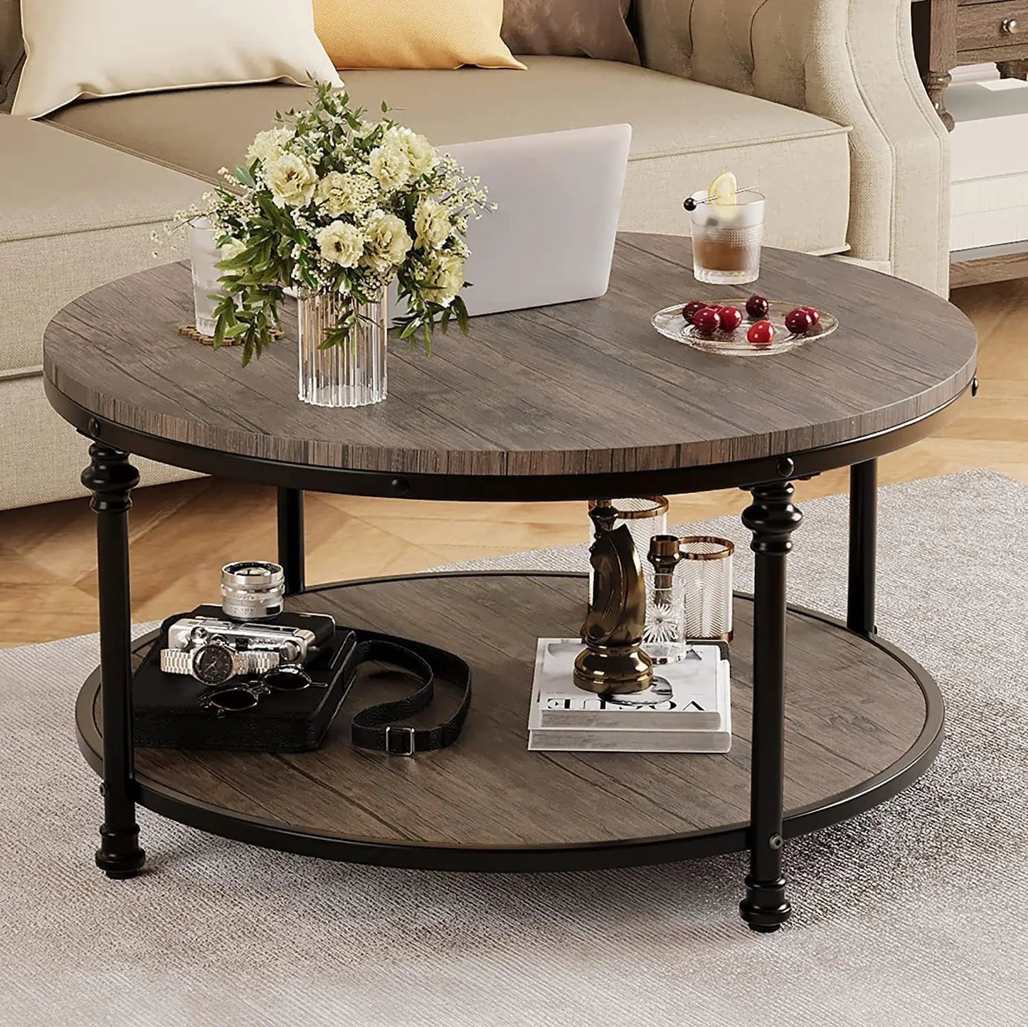 Round Coffee Table for Living Room Rustic Center Table with Storage Shelf Wood Circle Coffee Table , Easy Assembly