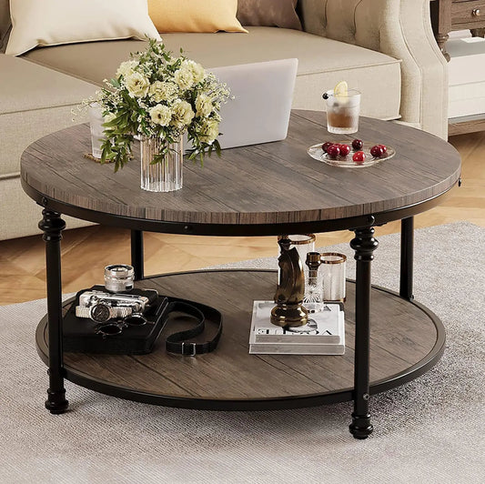 Round Coffee Table for Living Room Rustic Center Table with Storage Shelf Wood Circle Coffee Table , Easy Assembly