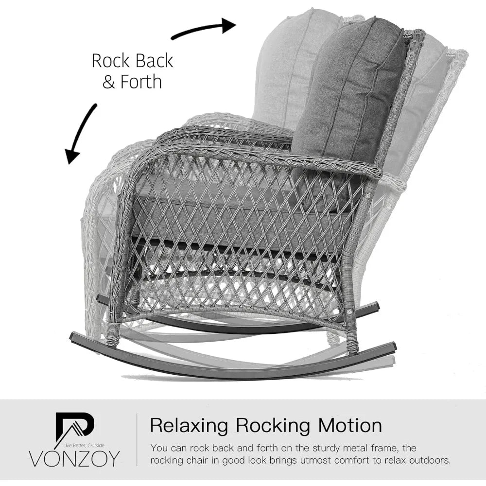 Patio Furniture Set 3 Pieces, Wicker Rocking Set with Thick Cushions, Outdoor Rocker Chairs and Coffee Table for Porch, Backyard