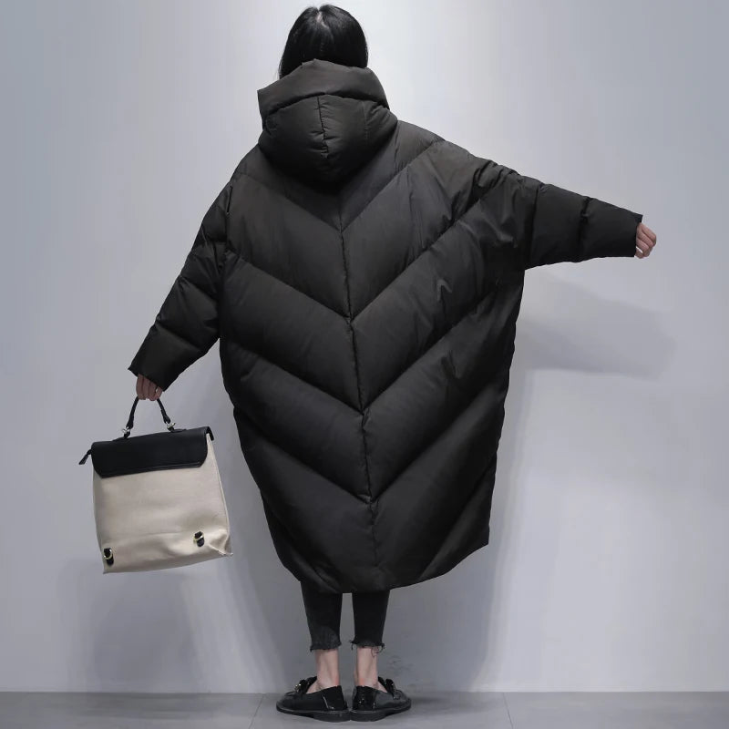 Winter Long Down Jacket Female 2025 New Korean Bat sleeve Hooded 90% White duck down Coat Women's Loose Warm Parkas Overcoat