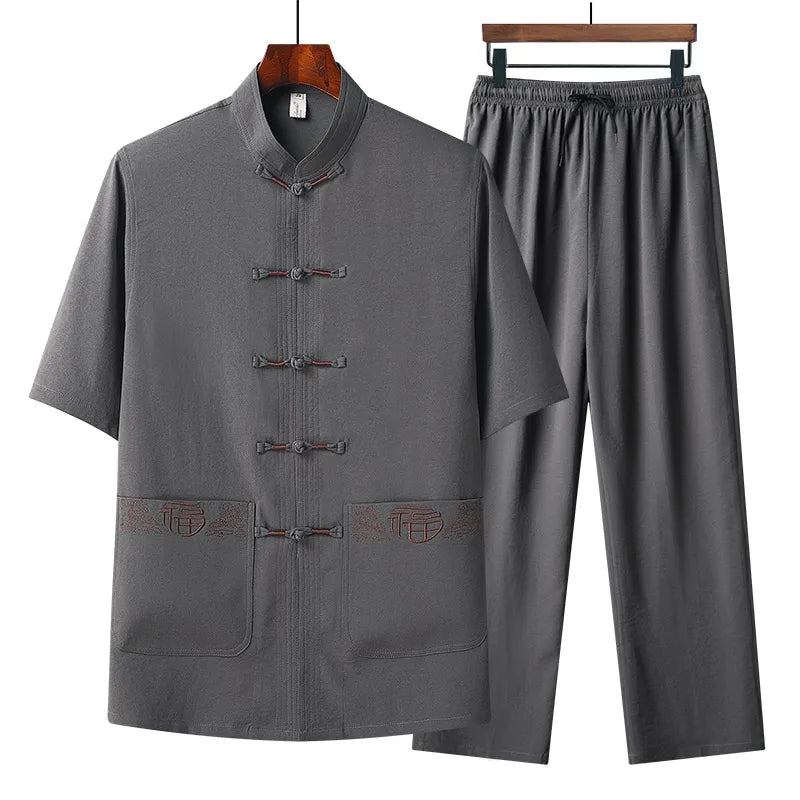 Chinese style Shirts + Pants summer 100% Cotton linen Sportswear Men's Casual Sets spring Male Fashion Chinese style trousers