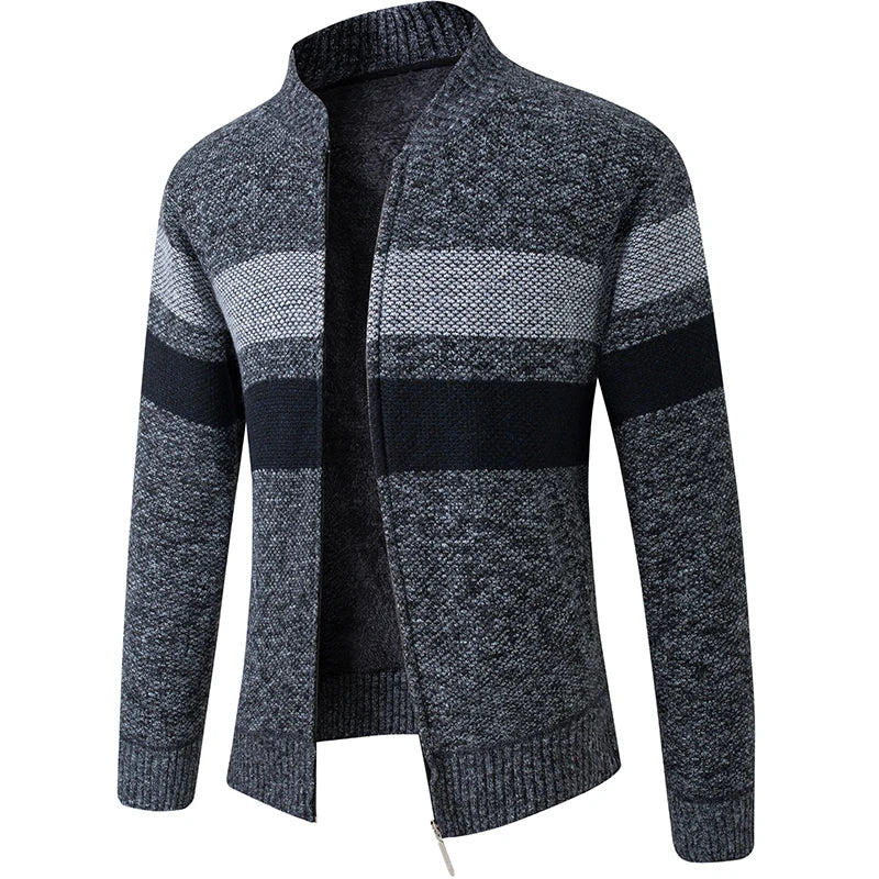 New Fashion Striped Knitted Cardigan Men Winter Fleece Warm Sweater Jacket Mens Daily Casual Knitting Sweater Men Slim Cardigans