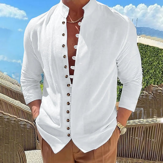 Spring and autumn men's fashion retro cotton and linen casual shirt trend new multi-button solid color stand collar long sleeve