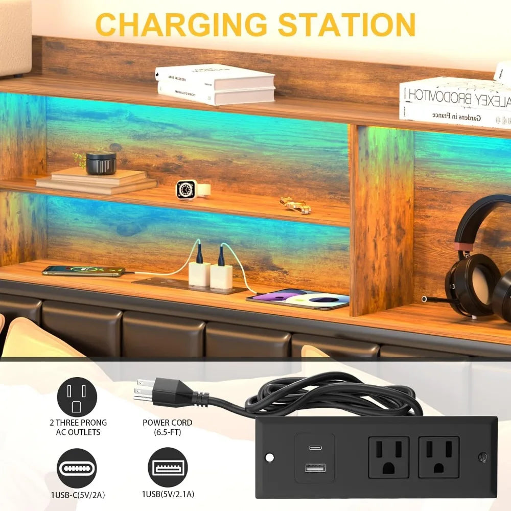 Bed Frame with Storage Upholstered Shelves Headboard, Outlets with Charging Ports and Colorful LED Lights