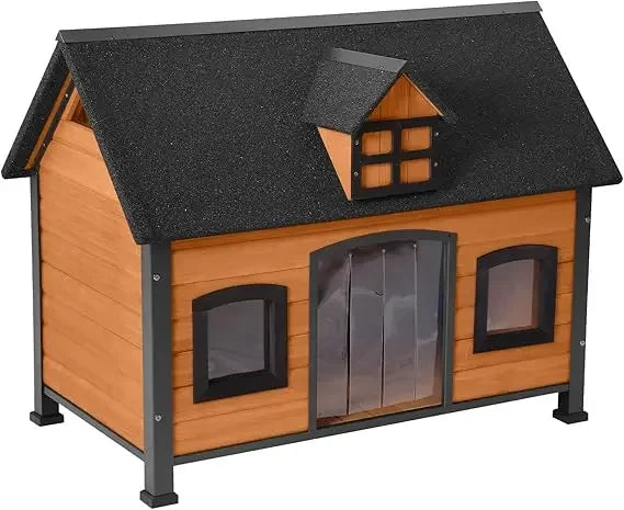 Large Dog House Anti-Chewing Metal Frame Design Insulated Wooden Dog Kennel with Unique Design Roof, Weatherproof