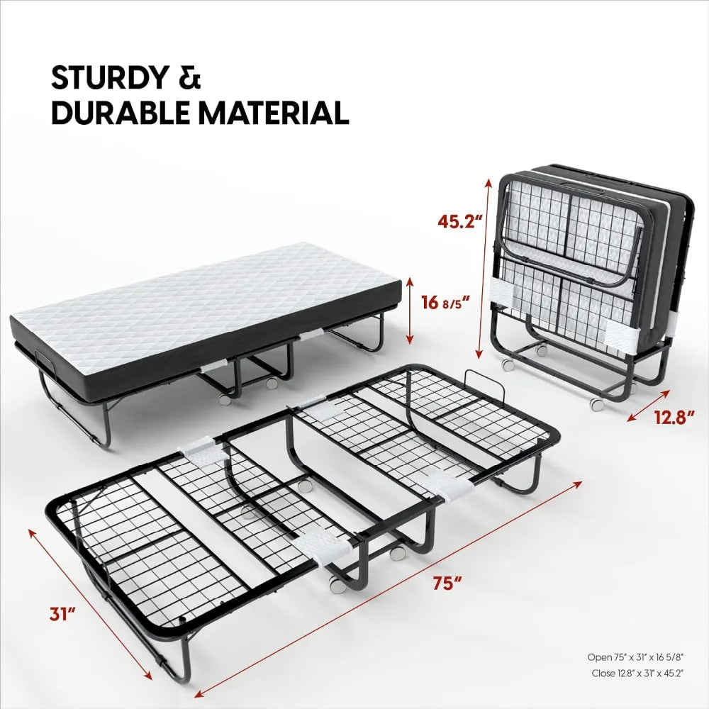 EconoHome Folding Bed with Mattress - 75x31 Cot Size Bed Frame - Portable Foldable Roll Away Adult Bed for Guest - 5-inch Thick