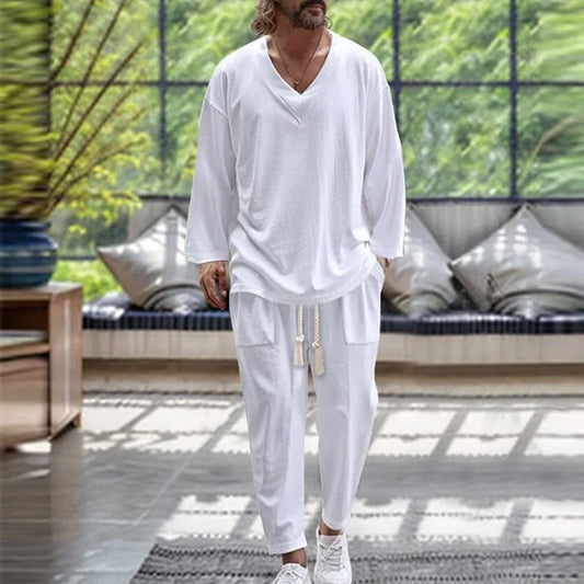 2024 Spring/Fall trend Men's Fashion V-neck shirt Casual comfortable loose high-end long sleeve pants solid color beach suit