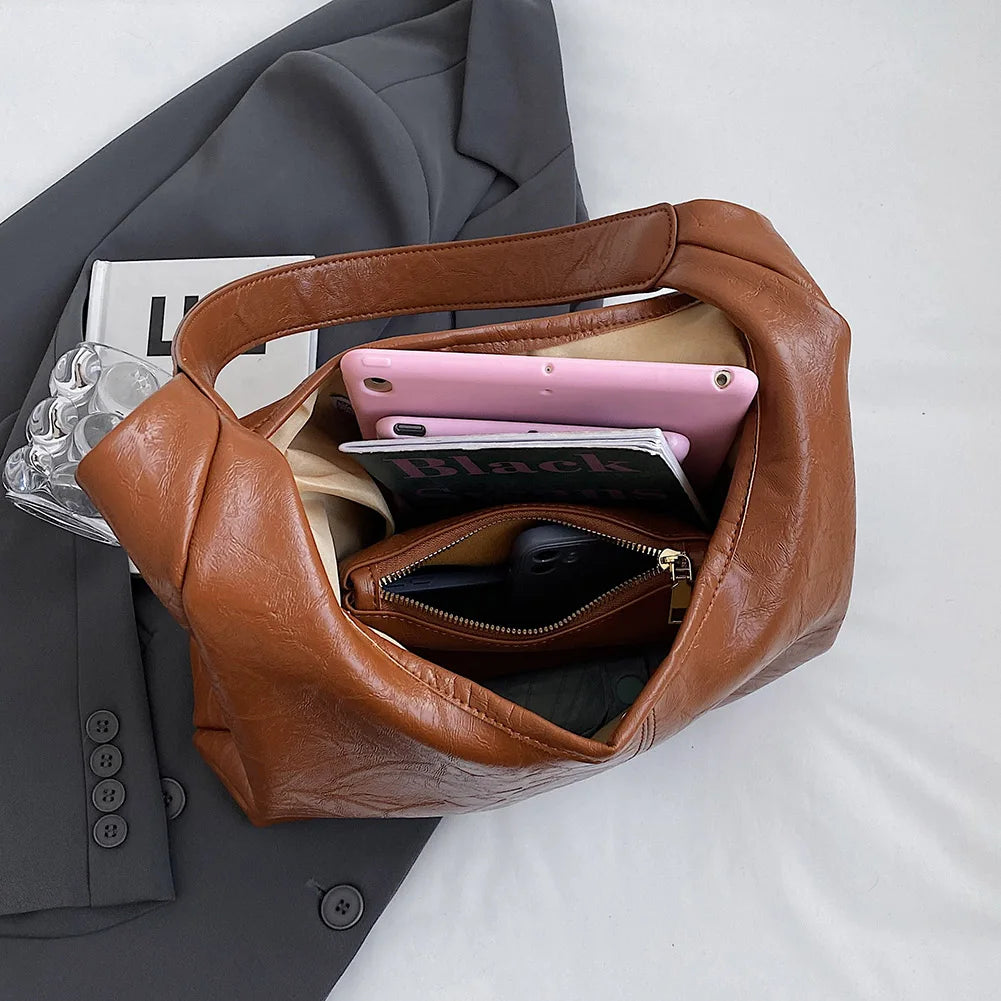 Soft PU Leather Shoulder Bag Vintage Wine Red Ladies Shoulder Bag Commuter Large Handbag for Women Wedding Totes Underarm Bag