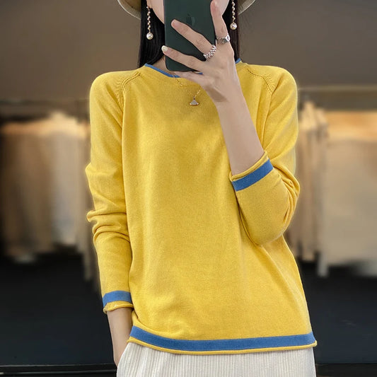 100% Cotton Knitwear Women's Round Neck Sweater Spring And Summer New Loose Color Matching Cotton And Linen Bottoming Shirt