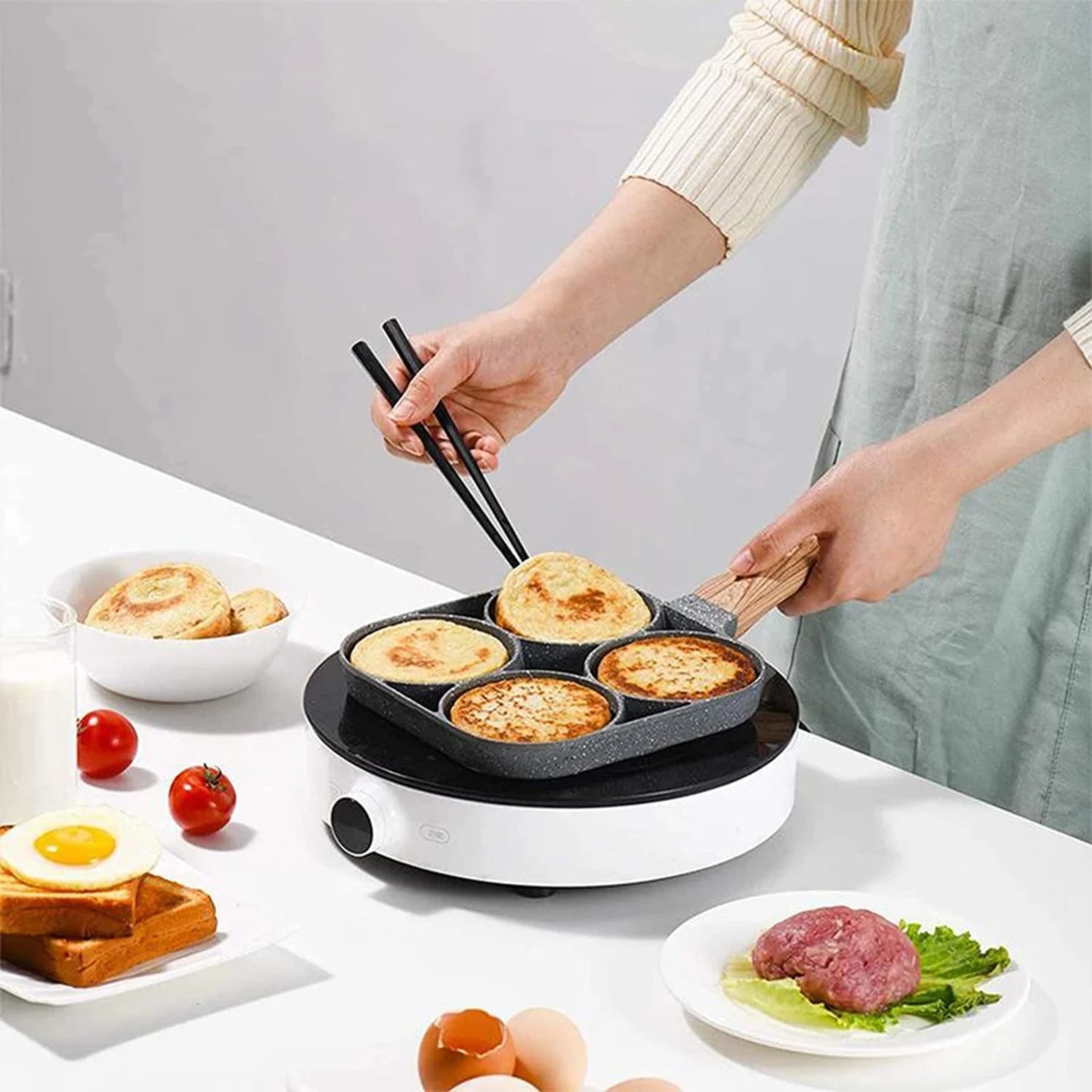 Nonstick Egg Frying Pan with 4-Hole Design for Perfect Pancakes, Burgers, and Ham Cooking - Suitable for Gas Stove and Induction