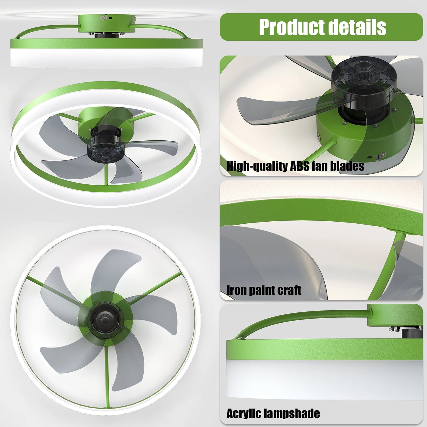 Green Modern Ceiling Fan with LED Light, Low-Profile Flush Mount,6-Speed Adjustable, Ideal for Bedroom and Living Room